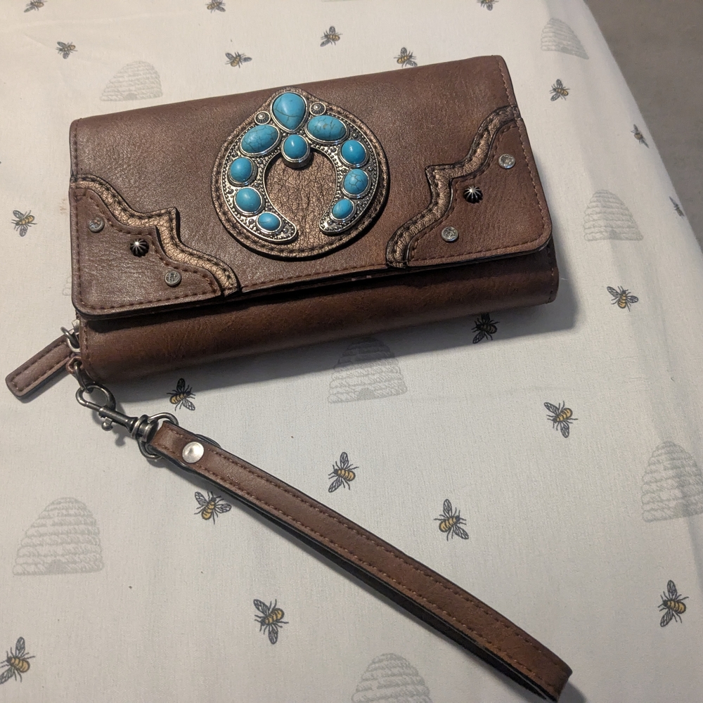 Brown Leather Clutch with Turquoise Accents